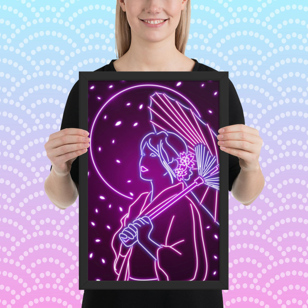 Neon umbrella girl Framed poster