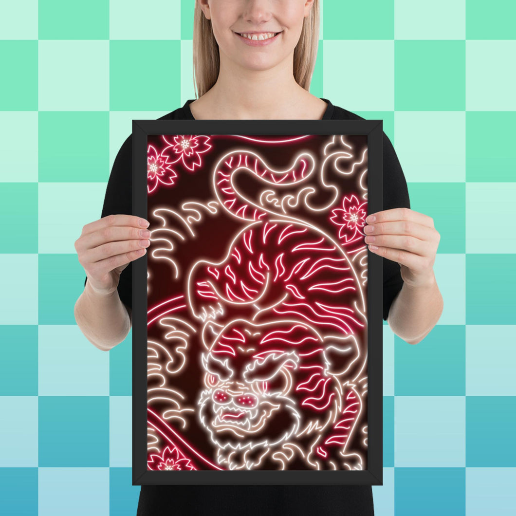 Neon Red & White Tiger Framed poster